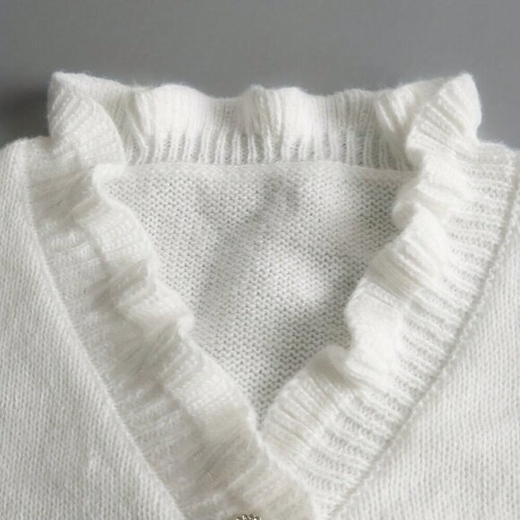 White Casual Women's Autumn/Winter Solid Color Frilled Edge V-Neck Sweater - Picture 4 of 6